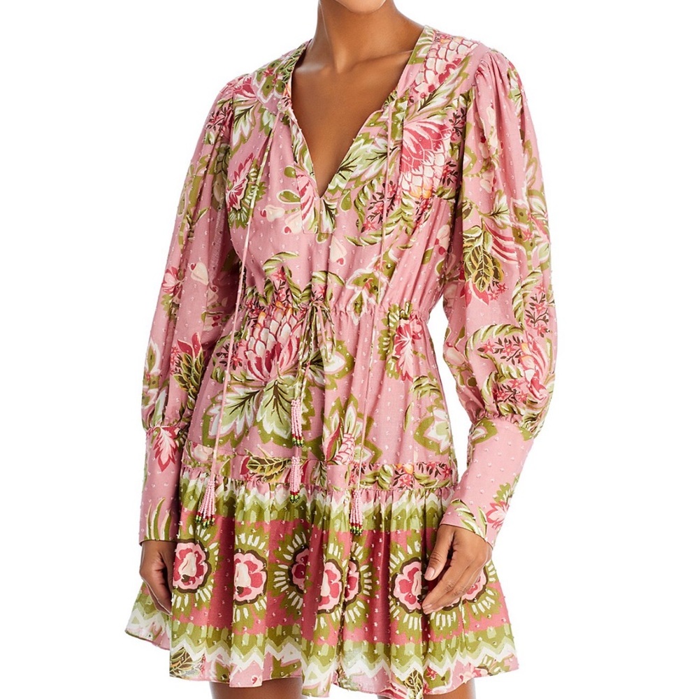 farm rio aura peasant dress long sleeve deep v beaded mini pink green red cotton